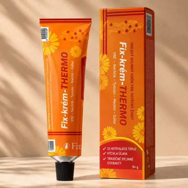 Fix-Creme-THERMO (84 g) ist eine hochwertige, wärmende Massagecreme mit Kampfer, Menthol, Vanillylbutylether sowie einem phytotherapeutischen Komplex aus Ringelblume und Thymian. Dank ihrer innovativen Drei-Phasen-Formel lindert sie sowohl unmittelbar als auch langfristig Muskel-, Gelenk- und Rückenschmerzen. Die Creme wärmt das Gewebe tiefenwirksam, fördert die Durchblutung, wirkt entzündungshemmend und verkürzt die Regenerationszeit nach Sport oder körperlicher Anstrengung.